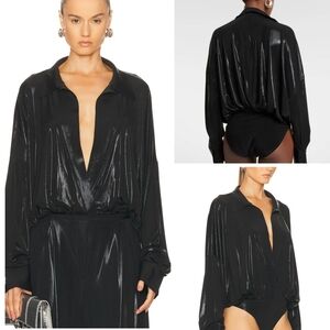 Norma Kamali Black Super Oversized NK Boyfriend Plunge Bodysuit Shirt S Lamé